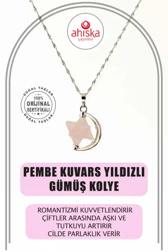 Pembe Kuvars Doğal Taş Yıldızlı Kolye, Gümüş Zincir - 2