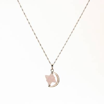 Pembe Kuvars Doğal Taş Yıldızlı Kolye, Gümüş Zincir - 2