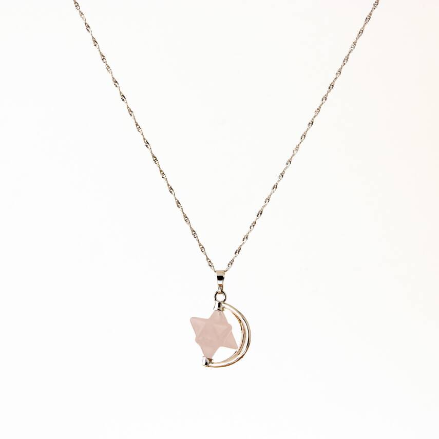 Pembe Kuvars Doğal Taş Yıldızlı Kolye, Gümüş Zincir - 2