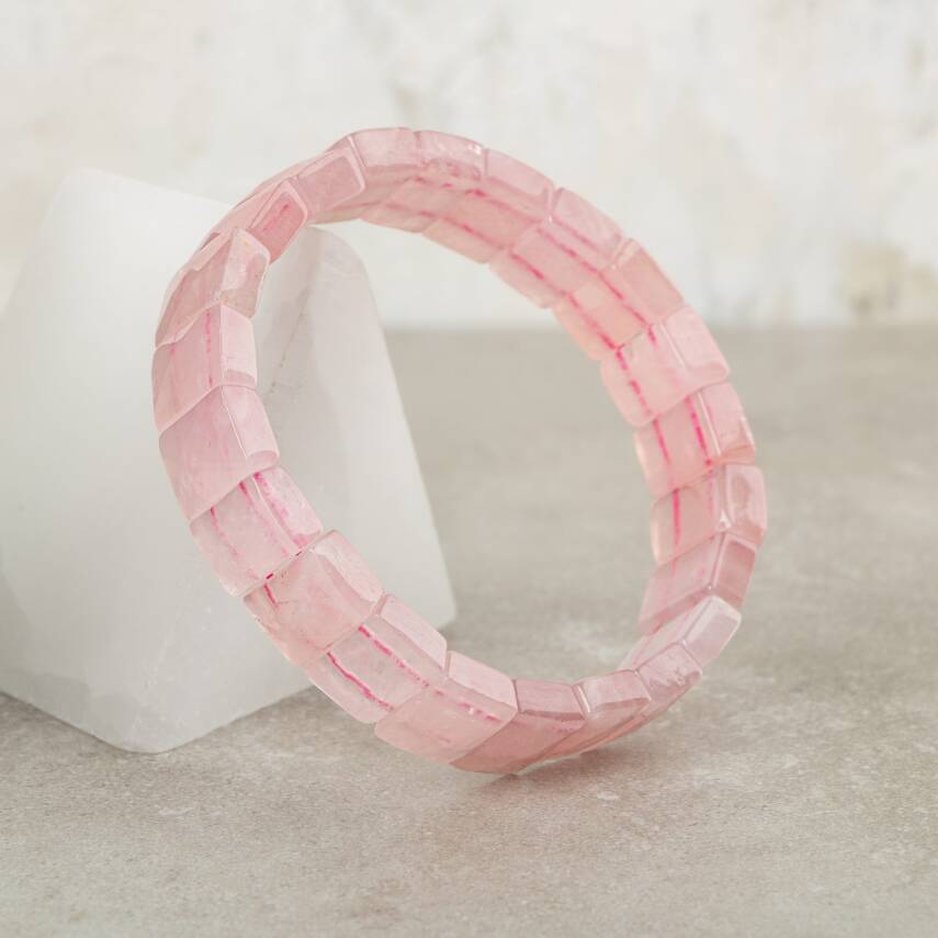 Pembe Kuvars (Gül Kuvars) Doğal Taş Kare Kesim Geniş Kesim Bileklik - 2