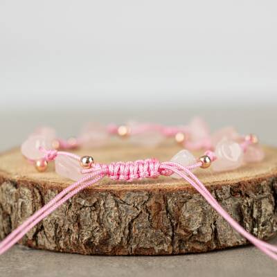 Pembe Kuvars (Gül Kuvars) Natürel Kesim Doğal Taş Makrome Bileklik - 4