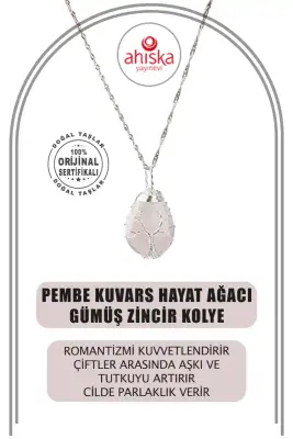 Pembe Kuvars Hayat Ağacı Doğal Taş Gümüş Zincir Kolye - 1