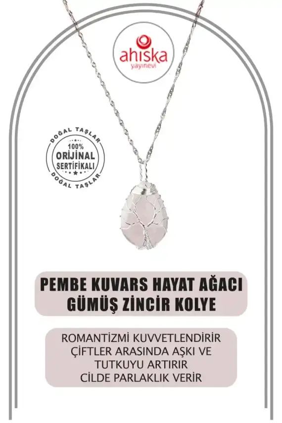 Pembe Kuvars Hayat Ağacı Doğal Taş Gümüş Zincir Kolye - 1