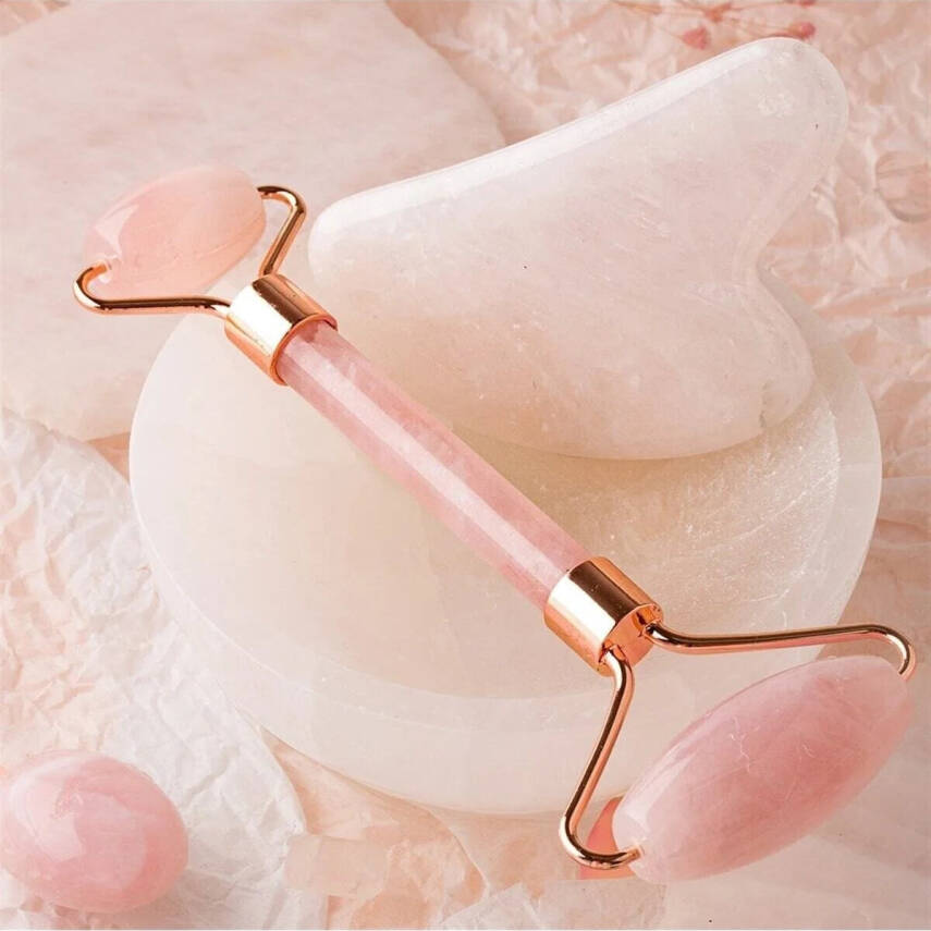 Pembe Kuvars Taşı Masaj Takımı - Roller ve Gua Sha Kalpli Set - 4