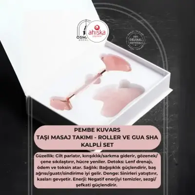 Pembe Kuvars Taşı Masaj Takımı - Roller ve Gua Sha Kalpli Set - Doğal Taş (1)