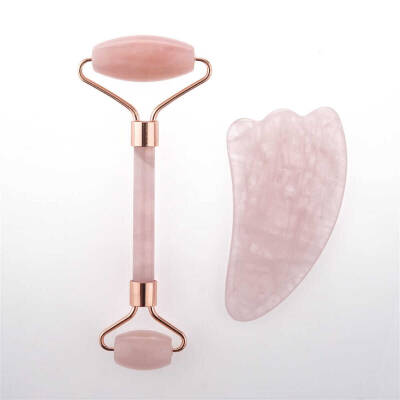 Pembe Kuvars Taşı Masaj Takımı - Roller ve Gua Sha Kaz Ayaklı Set - Doğal Taş