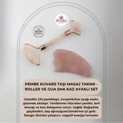 Pembe Kuvars Taşı Masaj Takımı - Roller ve Gua Sha Kaz Ayaklı Set - Doğal Taş (1)