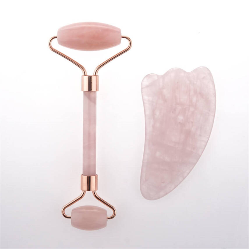 Pembe Kuvars Taşı Masaj Takımı - Roller ve Gua Sha Kaz Ayaklı Set - 1