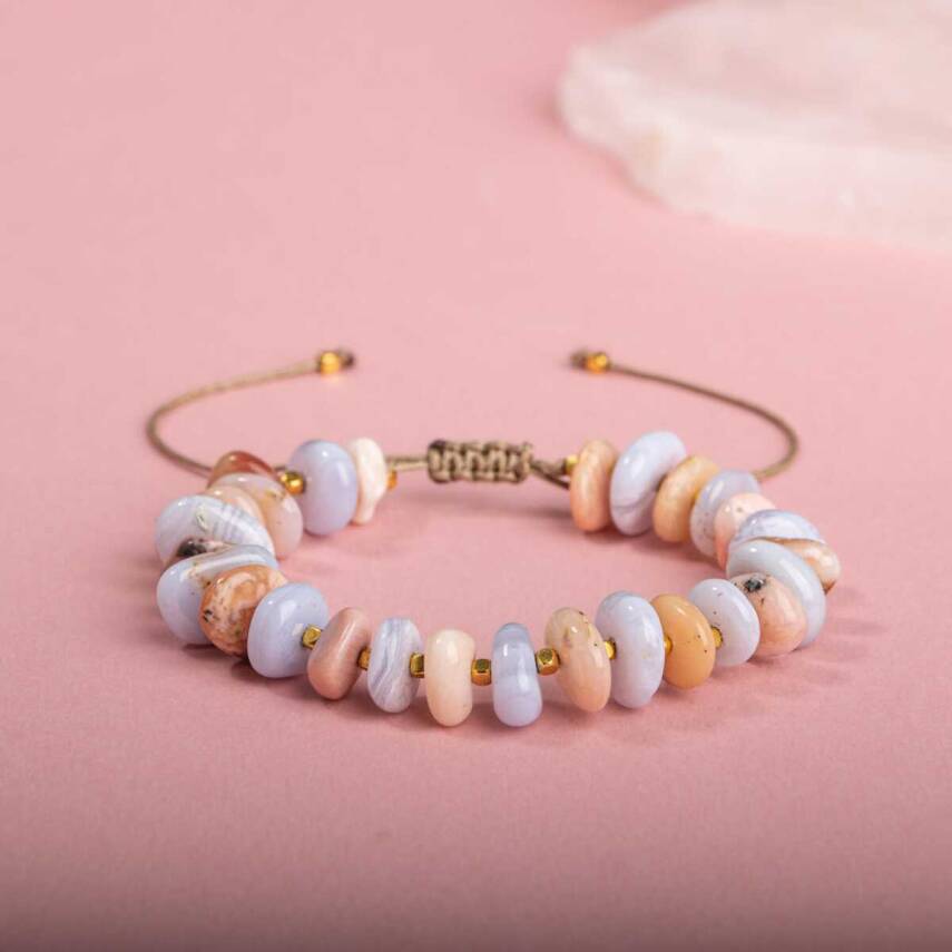 Pembe Opal-Mavi Akik Altın Kaplama Doğal Taş Bileklik - 1