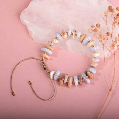 Pembe Opal-Mavi Akik Altın Kaplama Doğal Taş Bileklik - 4