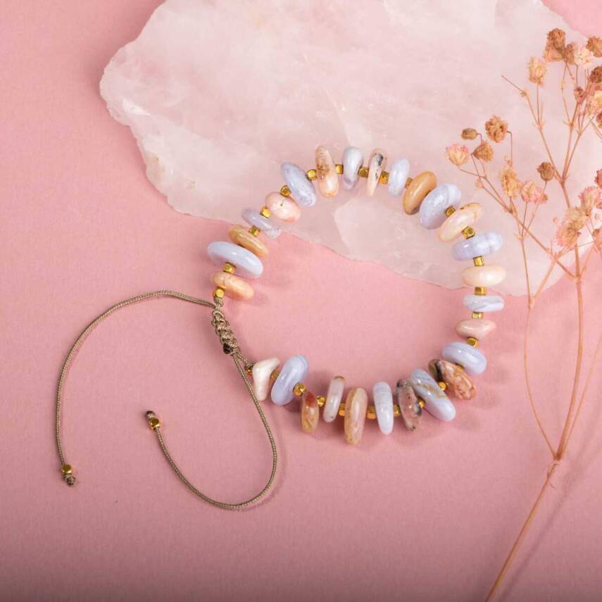 Pembe Opal-Mavi Akik Altın Kaplama Doğal Taş Bileklik - 4