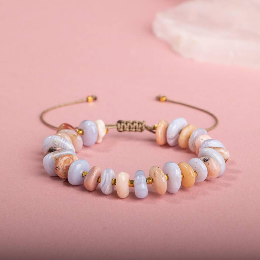 Pembe Opal-Mavi Akik Altın Kaplama Doğal Taş Bileklik - 2