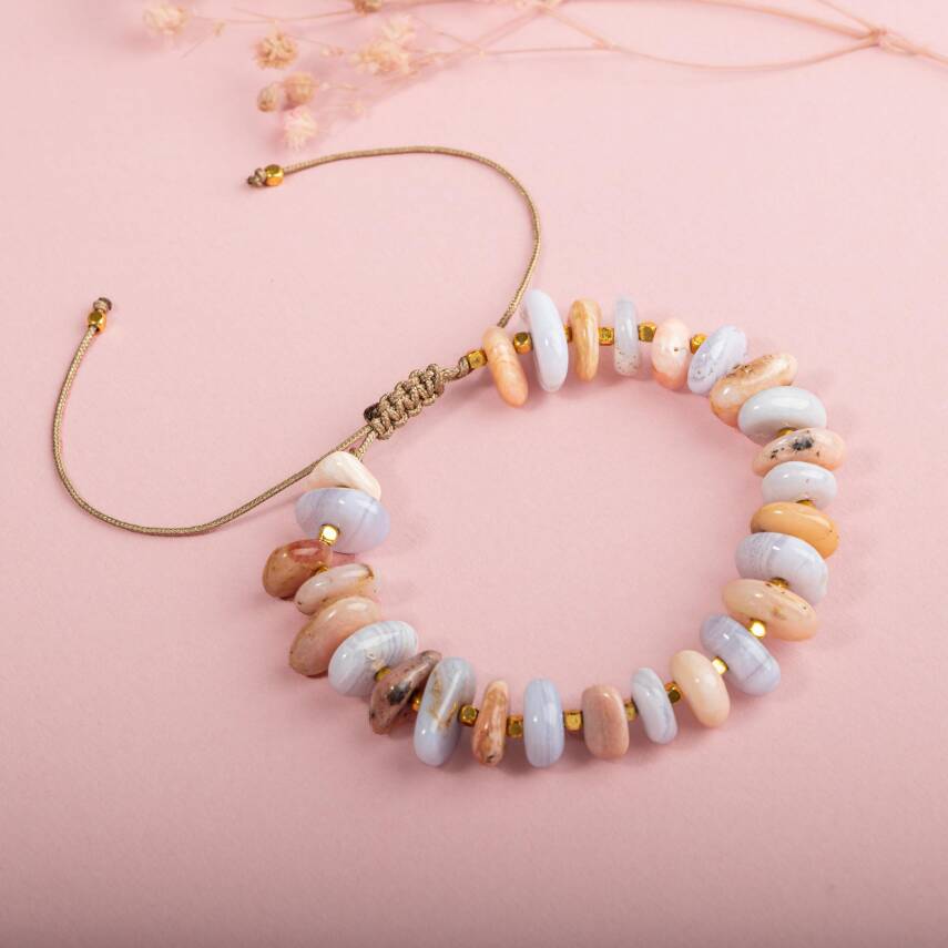 Pembe Opal-Mavi Akik Altın Kaplama Doğal Taş Bileklik - 3