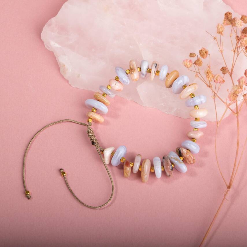 Pembe Opal-Mavi Akik Altın Kaplama Doğal Taş Bileklik - 4