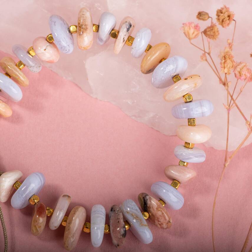 Pembe Opal-Mavi Akik Altın Kaplama Doğal Taş Bileklik - 5