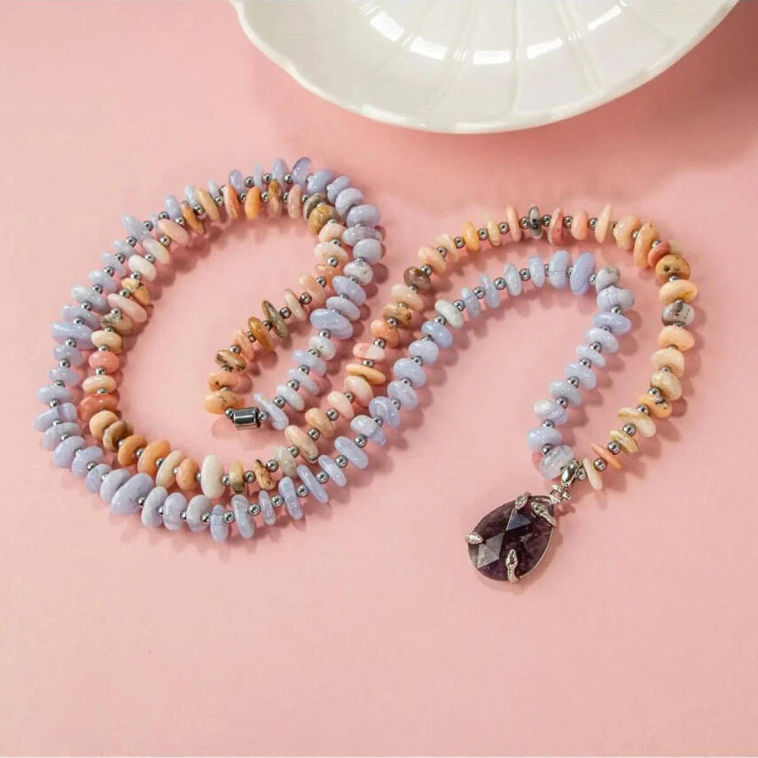 Pembe Opal-Mavi Akik-Hematit-Ametist Doğal Taş Kolye - 1