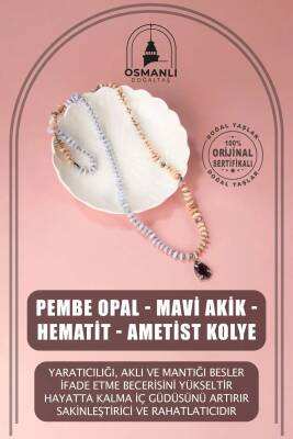 Pembe Opal-Mavi Akik-Hematit-Ametist Doğal Taş Kolye - 2
