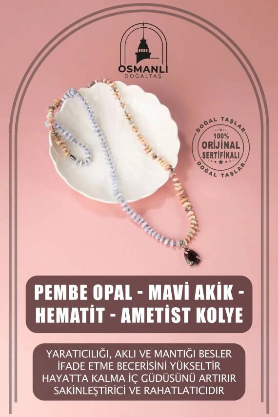 Pembe Opal-Mavi Akik-Hematit-Ametist Doğal Taş Kolye - 2