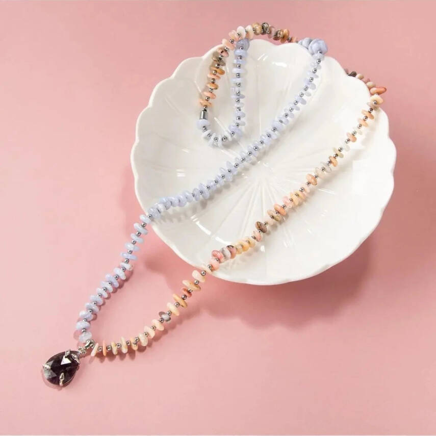 Pembe Opal-Mavi Akik-Hematit-Ametist Doğal Taş Kolye - 3