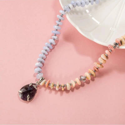 Pembe Opal-Mavi Akik-Hematit-Ametist Doğal Taş Kolye - 4