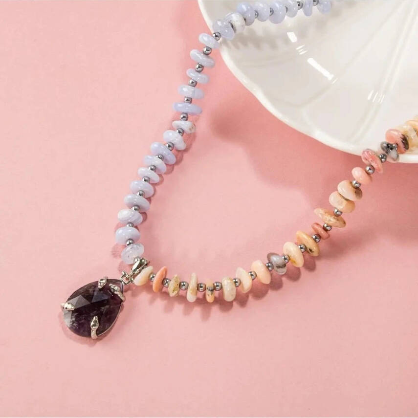 Pembe Opal-Mavi Akik-Hematit-Ametist Doğal Taş Kolye - 4
