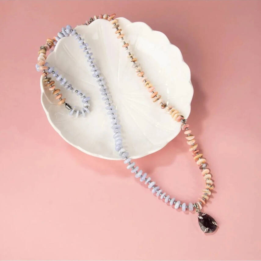 Pembe Opal-Mavi Akik-Hematit-Ametist Doğal Taş Kolye - 5
