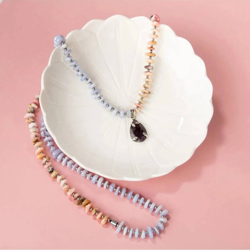 Pembe Opal-Mavi Akik-Hematit-Ametist Doğal Taş Kolye - 6