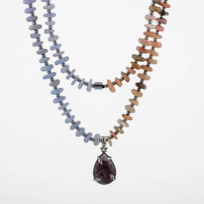 Pembe Opal-Mavi Akik-Hematit-Ametist Doğal Taş Kolye - Osmanlı Doğaltaş