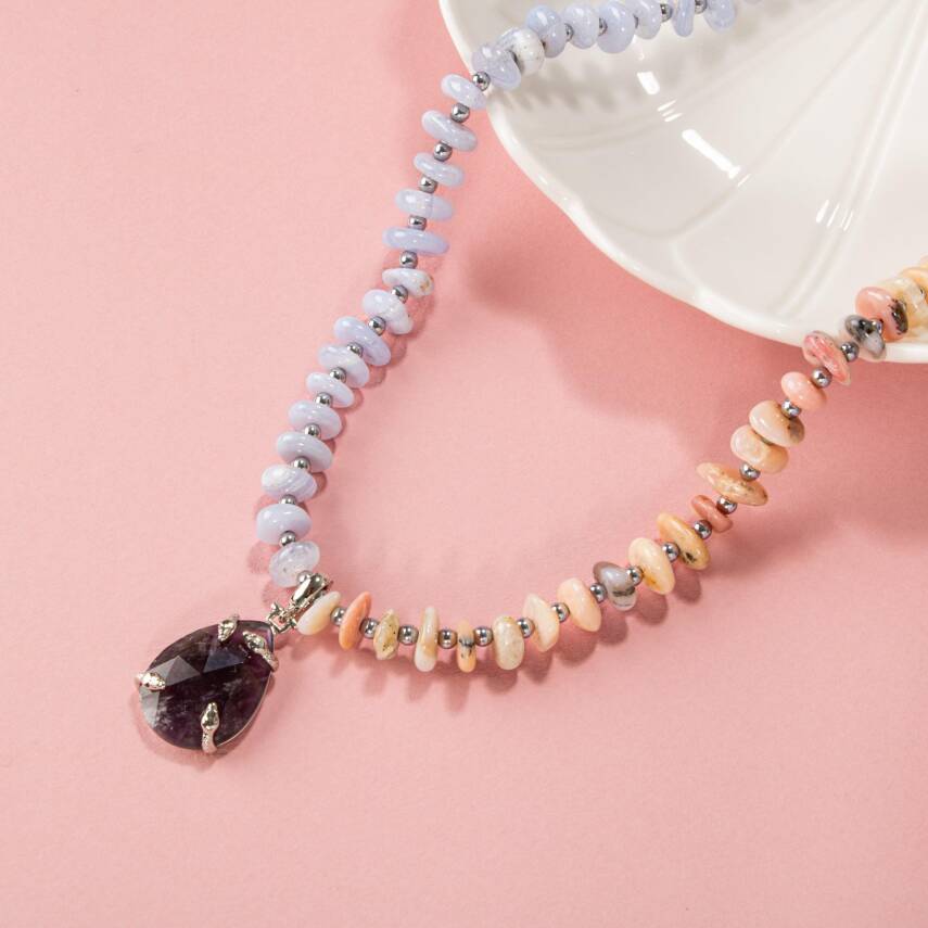 Pembe Opal-Mavi Akik-Hematit-Ametist Doğal Taş Kolye - 3