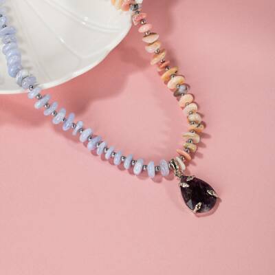 Pembe Opal-Mavi Akik-Hematit-Ametist Doğal Taş Kolye - 4
