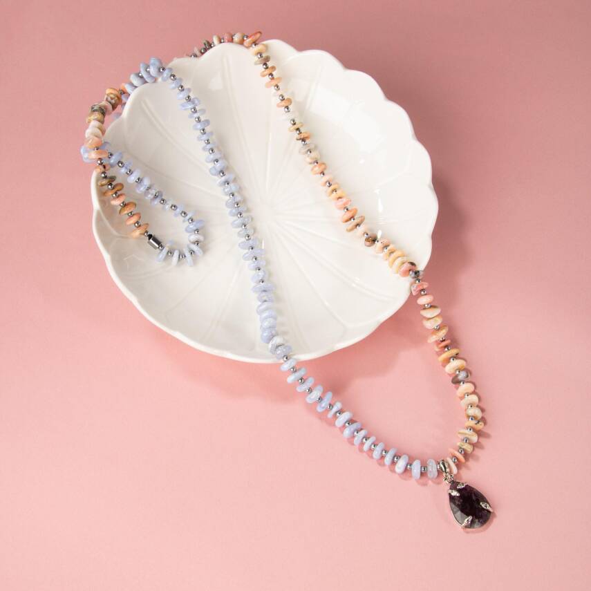 Pembe Opal-Mavi Akik-Hematit-Ametist Doğal Taş Kolye - 5