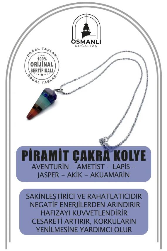 Piramit Çakra Doğal Taş Kolye Ucu Aventurin Ametist Lapis Jasper Akik Akuamarin (Çelik Zincir İle) - 2