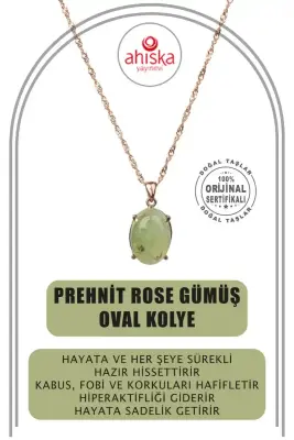 Prehnit Doğal Taş Rose Gümüş Oval Kolye - 1