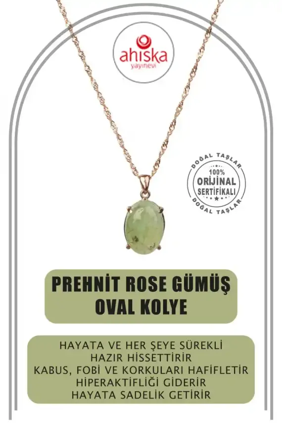Prehnit Doğal Taş Rose Gümüş Oval Kolye - 1