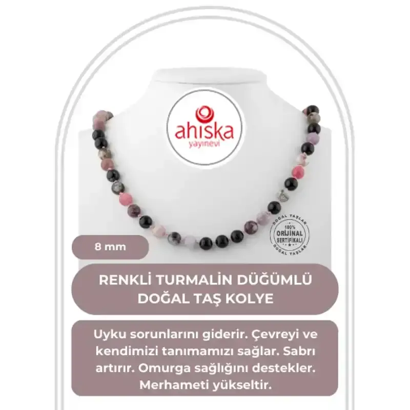 Renkli Turmalin 8 mm Düğümlü Doğal Taş Kolye - 2