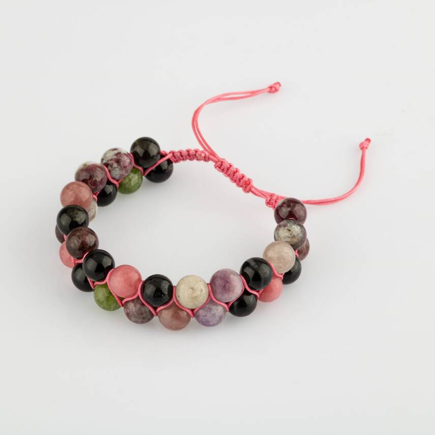 Renkli Turmalin 8mm Çift Sıra Makrome Doğal Taş Bileklik - 1