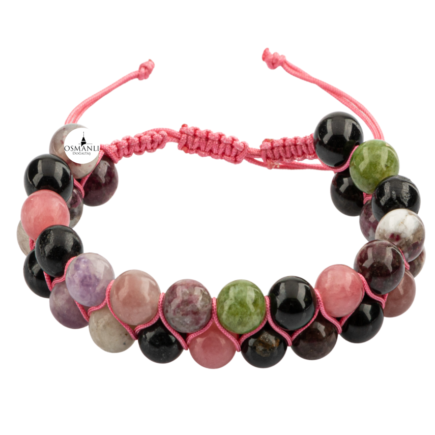 Renkli Turmalin 8mm Çift Sıra Makrome Doğal Taş Bileklik - 2