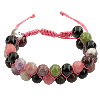Renkli Turmalin 8mm Çift Sıra Makrome Doğal Taş Bileklik - 4
