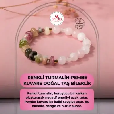Renkli Turmalin-Pembe Kuvars Doğal Taş Bileklik - Doğal Taş (1)