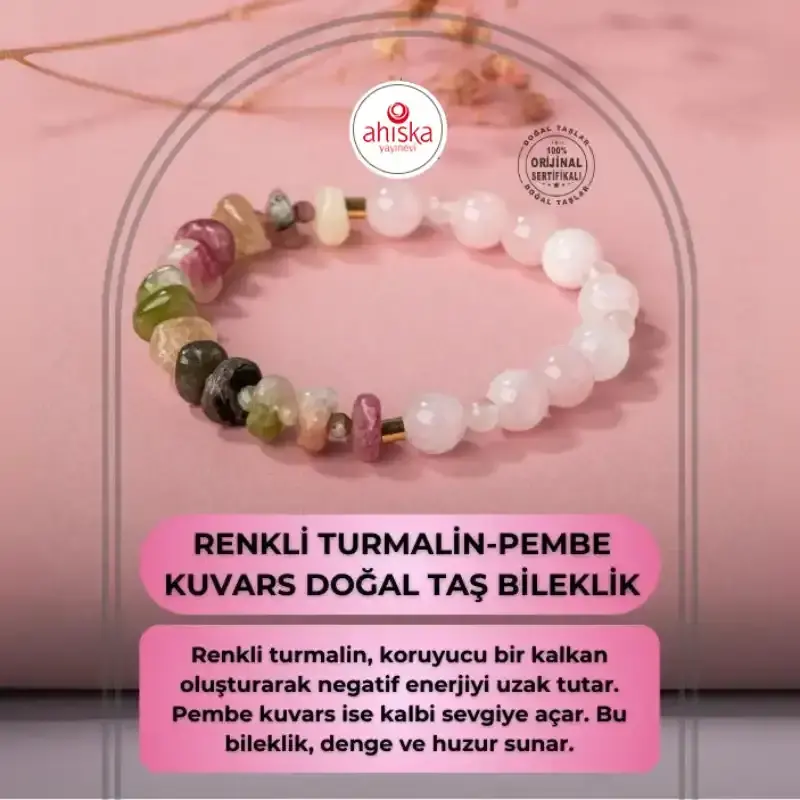 Renkli Turmalin-Pembe Kuvars Doğal Taş Bileklik - 2