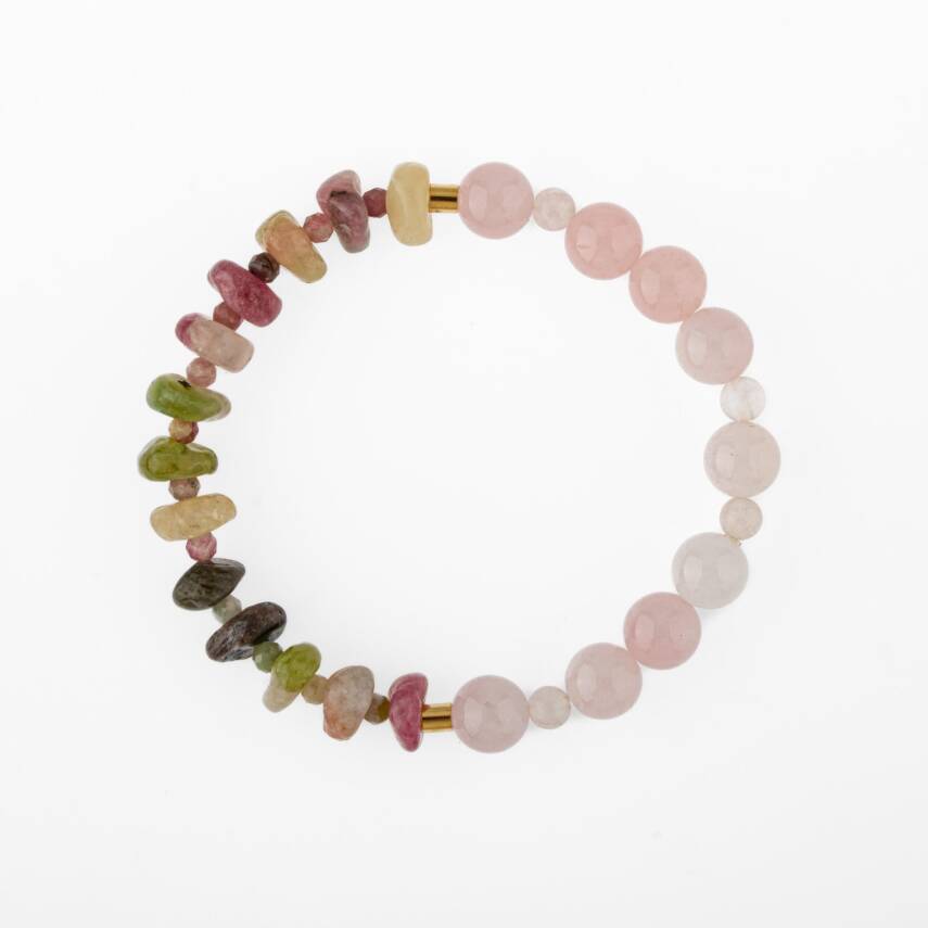 Renkli Turmalin-Pembe Kuvars Doğal Taş Bileklik - 1