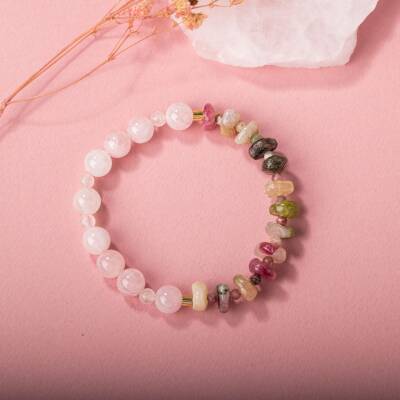 Renkli Turmalin-Pembe Kuvars Doğal Taş Bileklik - 2