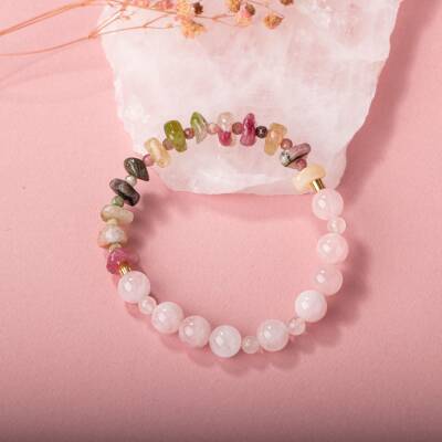 Renkli Turmalin-Pembe Kuvars Doğal Taş Bileklik - 4