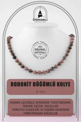 Rodonit 8 mm Düğümlü Doğal Taş Kolye - 2