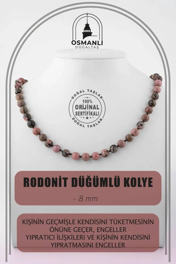 Rodonit 8 mm Düğümlü Doğal Taş Kolye - 2