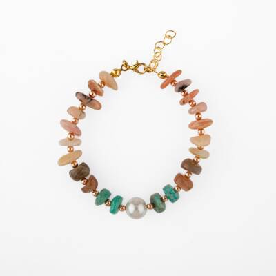 Rodonit-Güneş Taşı-Amozanit-İnci Doğal Taş Bileklik - Osmanlı Doğaltaş