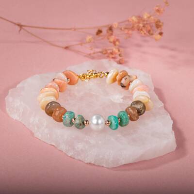 Rodonit-Güneş Taşı-Amozanit-İnci Doğal Taş Bileklik - 3