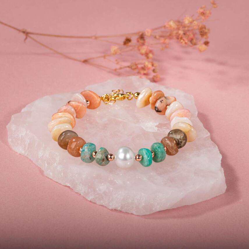 Rodonit-Güneş Taşı-Amozanit-İnci Doğal Taş Bileklik - 3