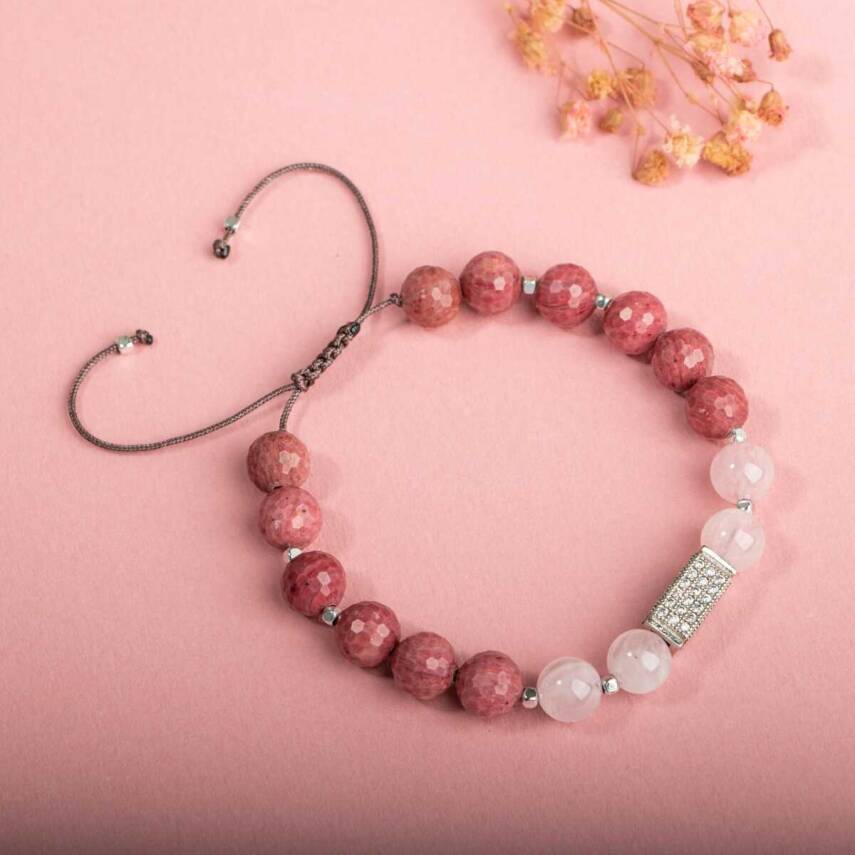 Rodonit-Pembe Kuvars Doğal Taş Zirkon Bileklik - 1