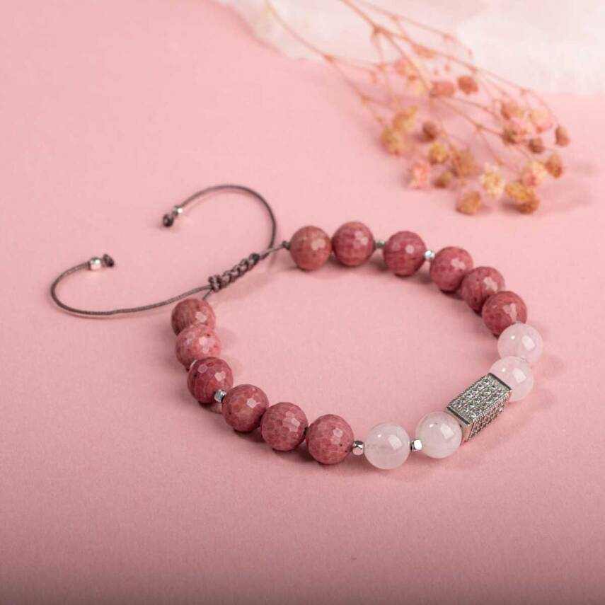 Rodonit-Pembe Kuvars Doğal Taş Zirkon Bileklik - 4
